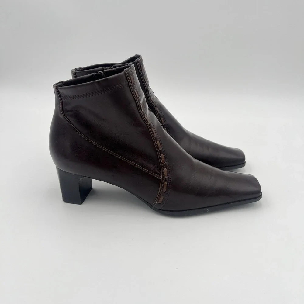 Franco Sarto Brown Leather Ankle Boots Block Heel Side Zip Women's 8M